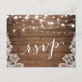 Barn Wood Twinkle Lights Lace Rustic Wedding RSVP Einladungspostkarte