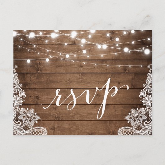 Barn Wood Twinkle Lights Lace Rustic Wedding RSVP Einladungspostkarte (Vorderseite)
