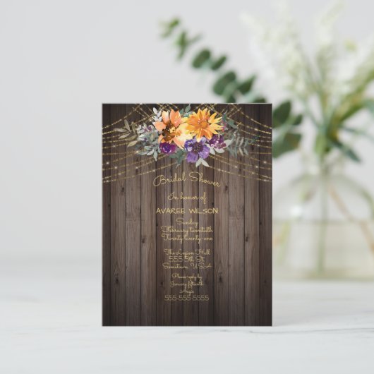 Barnboard String Lights Sonnenblumen Brautparty Postkarte (Stehend Vorderseite)