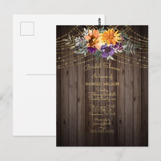 Barnboard String Lights Sonnenblumen Brautparty Postkarte (Vorne/Hinten)