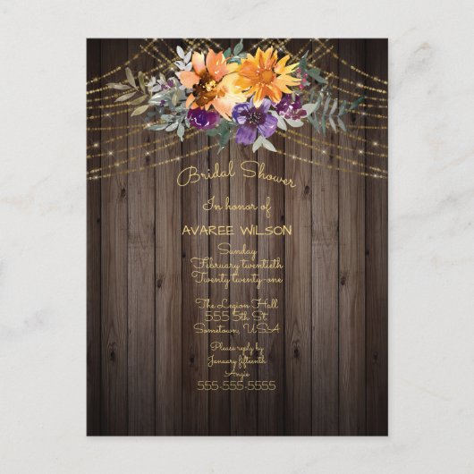 Barnboard String Lights Sonnenblumen Brautparty Postkarte (Vorderseite)