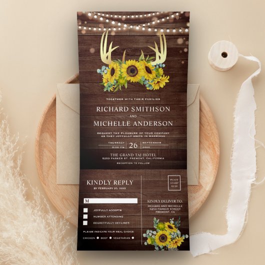Barnholz Sonnenblumen Blorgolden Antler Hochzeit Dreifach Gefaltete Einladung