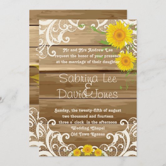 Barnholz Sonnenblumen und Vintage Hochzeit Einladung (Vorne/Hinten)