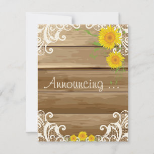 Barnholz Sonnenblumen und Vintage Spitzen-Verlobun Ankündigung