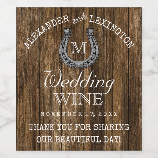 Barnholz und Horseshoe Rustikale Hochzeit Weinetikett (Einzelnes Label)