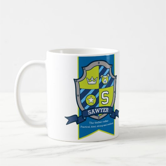 Bärnnamen-Bedeutungs-Tasse des Sawyer-Wappen Kaffeetasse (Links)