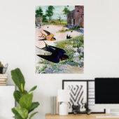 Barnschwalben Fliegen um alte Außengebäude Poster (Heimbüro)