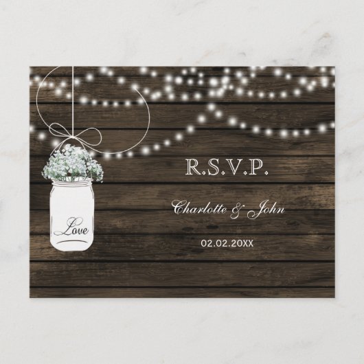 Barnwood Baby Atem Mason Glas Hochzeit RSVP Einladungspostkarte (Vorderseite)
