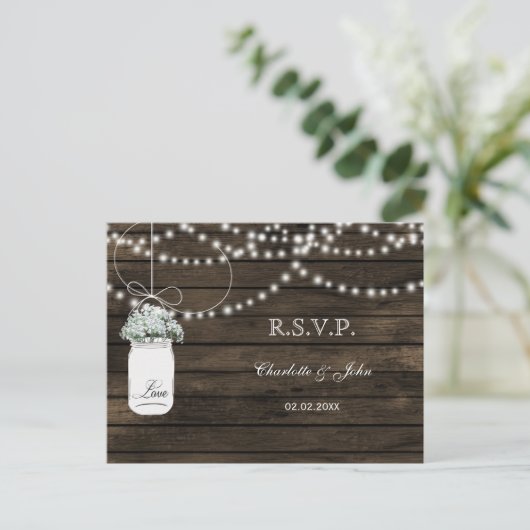 Barnwood Baby Atem Mason Glas Hochzeit RSVP Einladungspostkarte (Stehend Vorderseite)