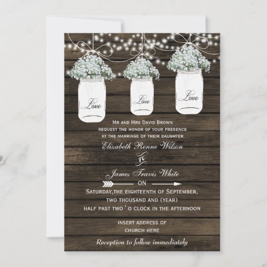 Barnwood Baby's Atem Mason Glas Hochzeit lädt ein Einladung (Vorderseite)