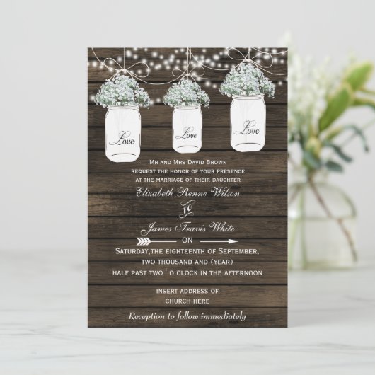 Barnwood Baby's Atem Mason Glas Hochzeit lädt ein Einladung (Stehend Vorderseite)