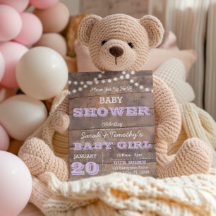 Barnwood beleuchtet Lavendel-Babyparty Einladung