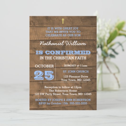 Barnwood Blue Confirmation Einladung (Stehend Vorderseite)