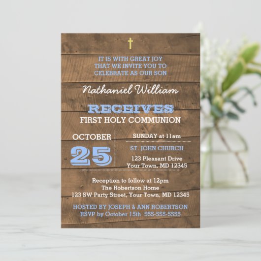 Barnwood Blue Erste Kommunion Einladung (Stehend Vorderseite)