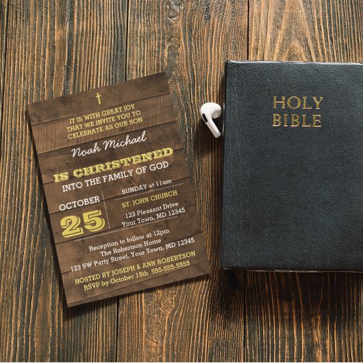 Barnwood Gold Christening Einladung