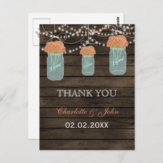 Barnwood Korallen Blume Mason Gläser Danke Noten Postkarte (Vorne/Hinten)
