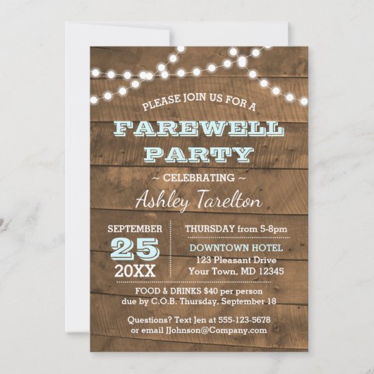 Barnwood Lights Aqua Farewell Party Einladung (Vorderseite)