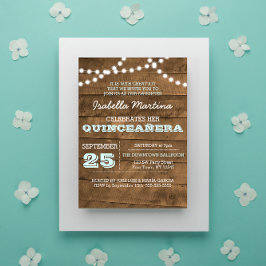 Barnwood Lights Aqua Quinceañera Einladung
