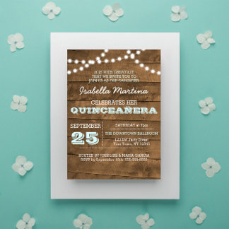 Barnwood Lights Aqua Quinceañera Einladung