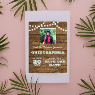 Barnwood Lights Aqua Quinceañera Foto Retten Datum Ankündigungspostkarte