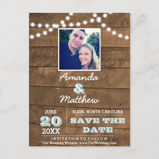 Barnwood Lights Aqua Wedding Retten Sie das Datum Ankündigungspostkarte (Vorderseite)