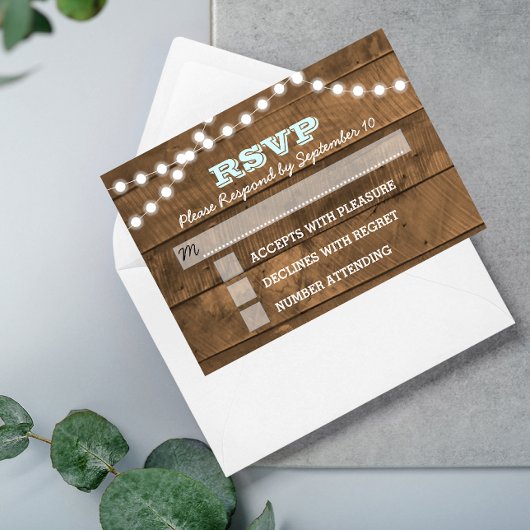 Barnwood Lights Aqua Wedding RSVP Card Karte