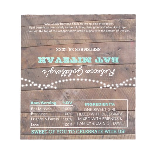 Barnwood Lights Aquamarin Bat Mitzvah Candy Wrappe Notizblock (Vorderseite)