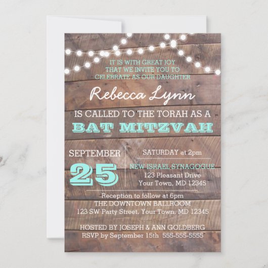 Barnwood Lights Aquamarin Bat Mitzvah Einladung (Vorderseite)