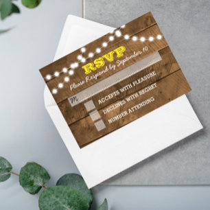 Barnwood Lights Gold Wedding RSVP Card