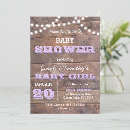 Barnwood Lights Lavender Baby Dusche Einladung (Stehend Vorderseite)