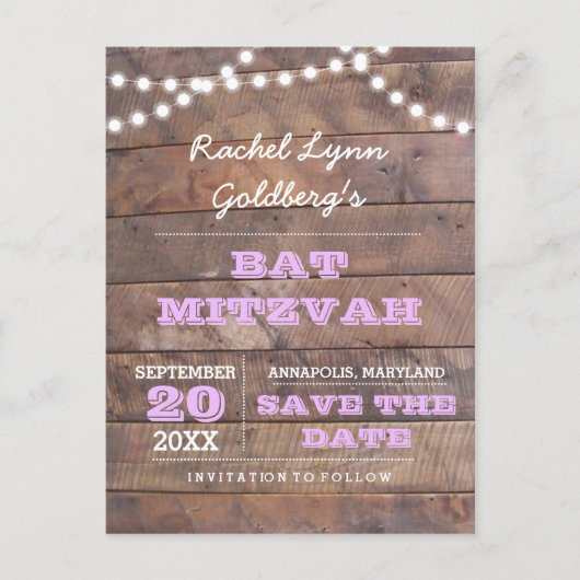 Barnwood Lights Lilac Bat Mitzvah Save the Date Ankündigungspostkarte (Vorderseite)