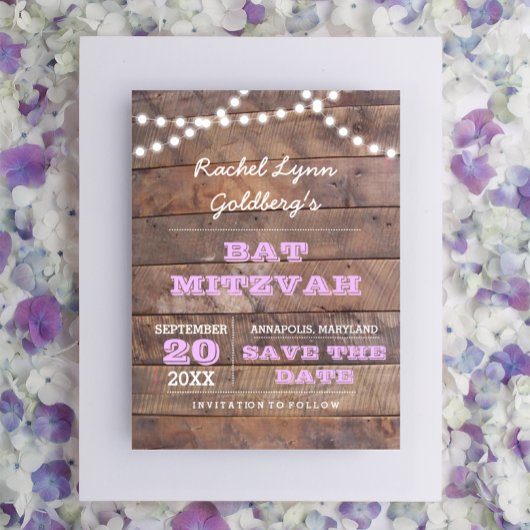 Barnwood Lights Lilac Bat Mitzvah Save the Date Ankündigungspostkarte