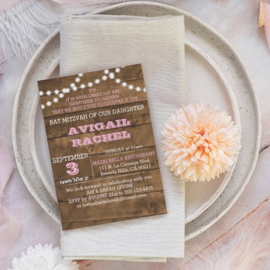 Barnwood Lights Pink B"H Bat Mitzvah Einladung