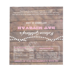 Barnwood Lights Pink Bat Mitzvah Candy Wrappers Notizblock