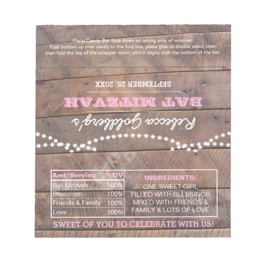 Barnwood Lights Pink Bat Mitzvah Candy Wrappers Notizblock (Vorderseite)