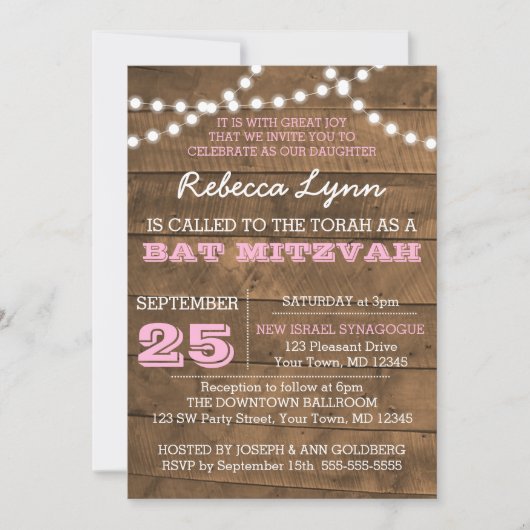 Barnwood Lights Pink Bat Mitzvah Custom Einladung (Vorderseite)