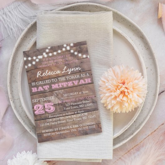Barnwood Lights Pink Bat Mitzvah Einladung
