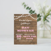 Barnwood Lights Pink Bat Mitzvah Save the Date Ankündigungspostkarte (Stehend Vorderseite)
