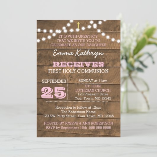 Barnwood Lights Pink Erste Kommune Einladung (Stehend Vorderseite)