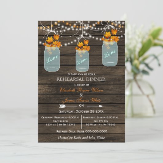 Barnwood, Mason Jar Herbst Probe Dinner lädt ein Einladung (Stehend Vorderseite)