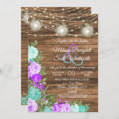 Barnwood, Mason Jars und Aquamarine, Lila Blumenzw Einladung (Vorne/Hinten)