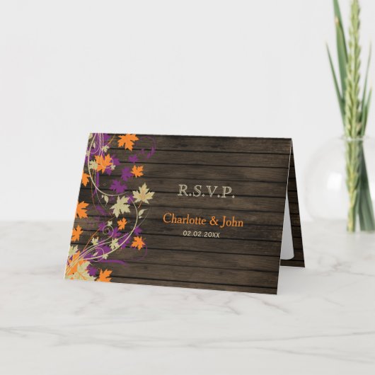 Barnwood Rustic Pflaume Herbstlaub Hochzeit RSVP Einladung (Vorderseite)