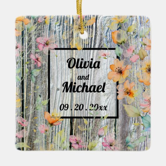 Barnwood-Skript botanische Aquarellfarben-Blume Keramikornament (Vorderseite)