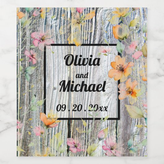 Barnwood-Skript botanische Aquarellfarben-Blume Weinetikett (Einzelnes Label)