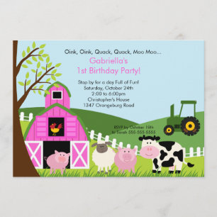 Barnyard Animal Fun Geburtstagspartei Pink Girls Einladung