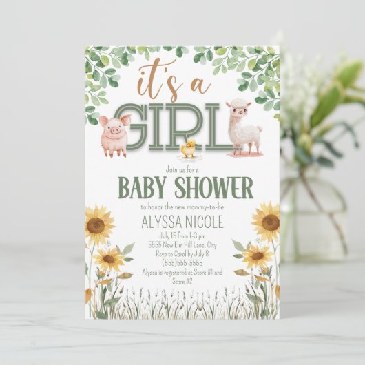 Barnyard Animals Baby Girl Baby Dusche Einladung (Stehend Vorderseite)