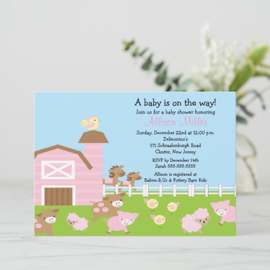 Barnyard Animals Baby Girl Dusche Einladung (Stehend Vorderseite)