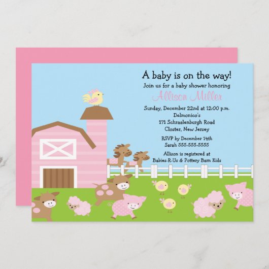 Barnyard Animals Baby Girl Dusche Einladung (Vorne/Hinten)