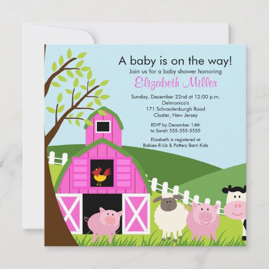 Barnyard Animals Baby Shower Einladung für Mädchen (Vorderseite)