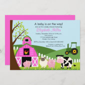 Barnyard Animals Kinderdusche Einladung Pink Girl (Vorne/Hinten)